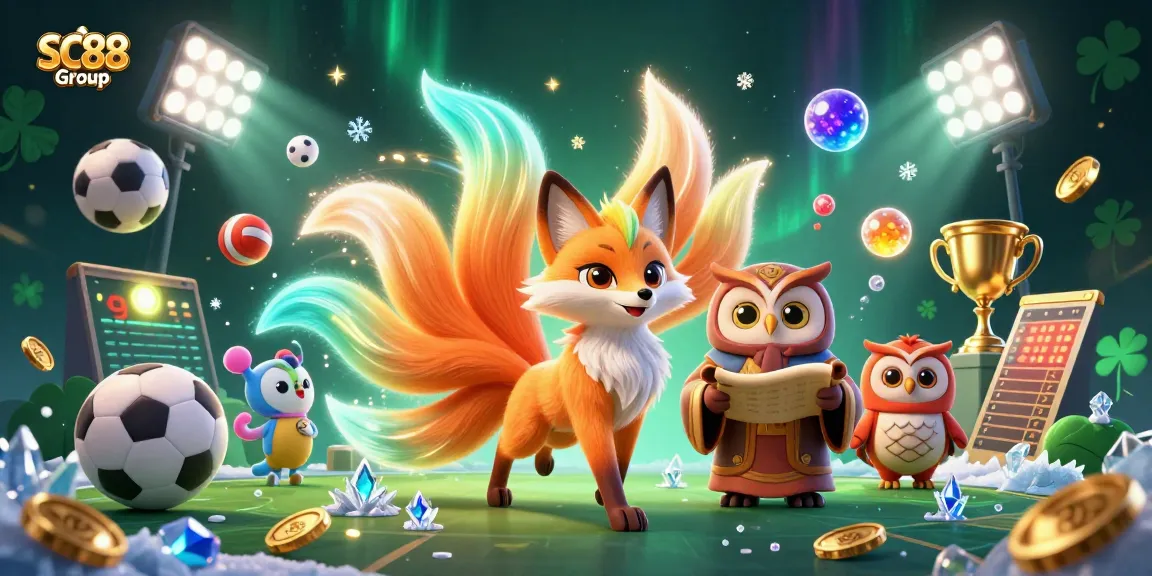 Engage with animated sports scenarios featuring the vibrant SC88 Group spirit in a colorful 3D illustration.