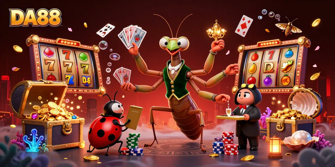 DA88 showcases a vibrant casino scene with a giant praying mantis and ladybug characters dealing cards and pouring champagne.