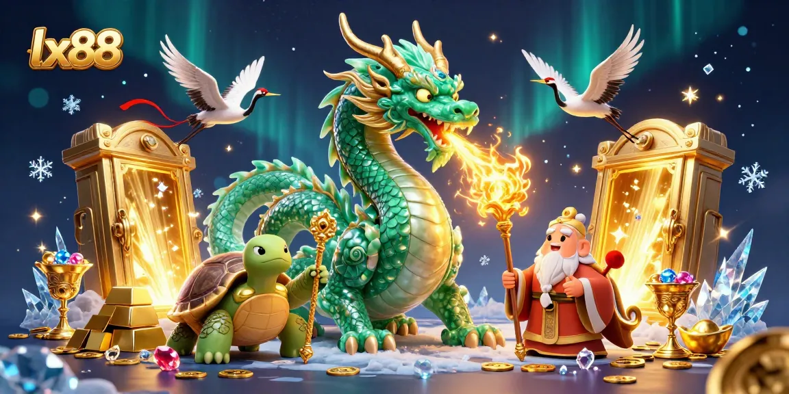 Experience thrilling wins with lx88, featuring a majestic jade dragon, treasures, and vibrant game elements.