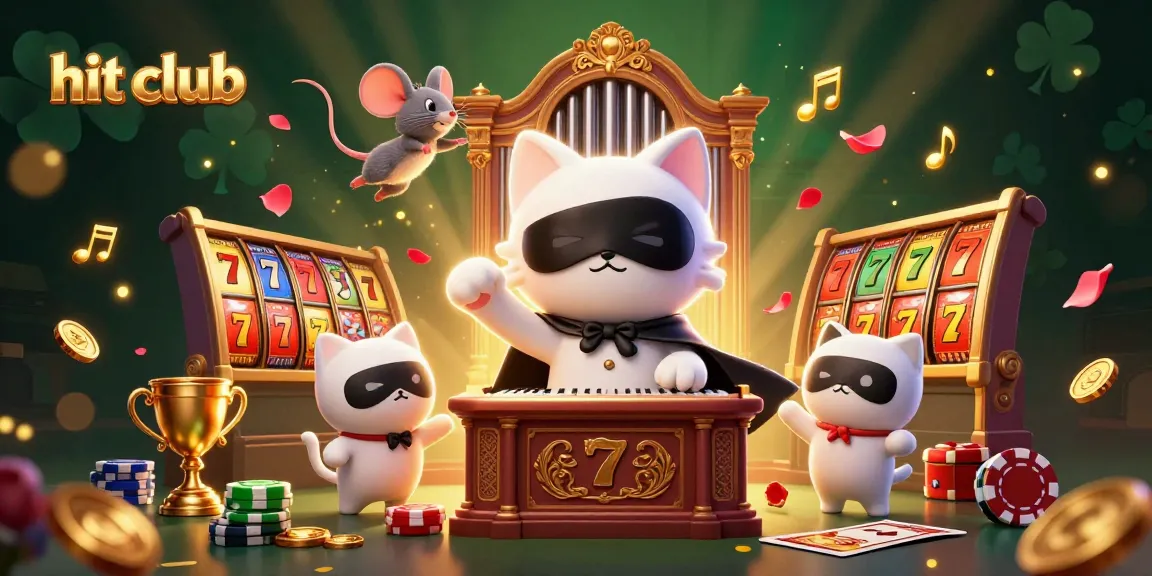 Hit club promotion featuring a whimsical casino scene with a masked cat and dynamic elements.