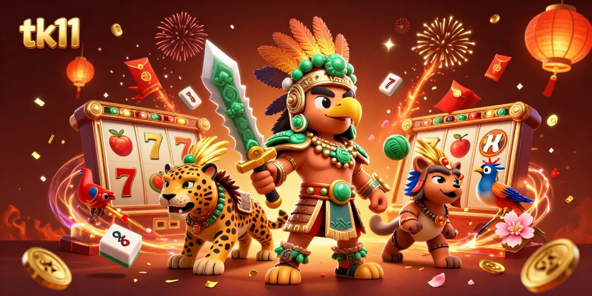 Experience immersive gaming at tk11 with vibrant slot reels, Aztec warriors, and exciting casino elements.