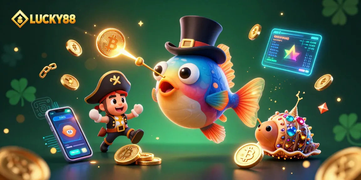 LUCKY88 ignites excitement with a lively scene featuring a glowing anglerfish attracting golden coins amidst sparkling treasures.
