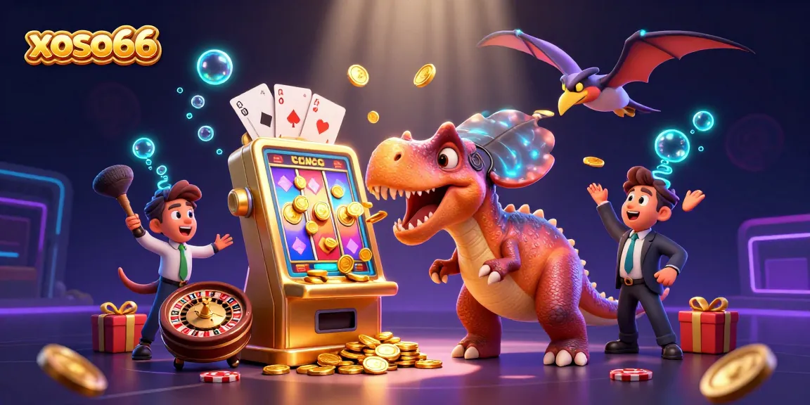 Experience the thrill of xoso66 as cartoon dinosaurs and a golden slot machine bring excitement to the casino scene.