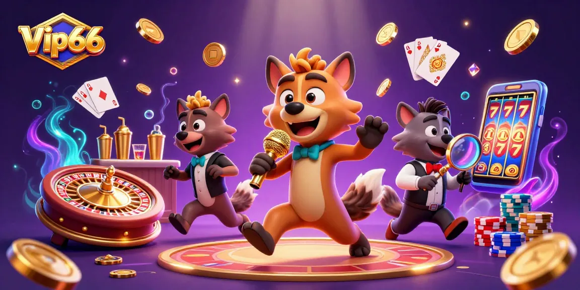 Experience the thrill at Vip66 with our vibrant cartoon hyena casino scene full of excitement.