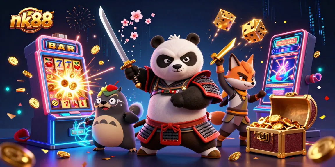 Engage with nk88's dynamic gaming scene featuring a samurai panda and ninja fox in a vibrant casino atmosphere.