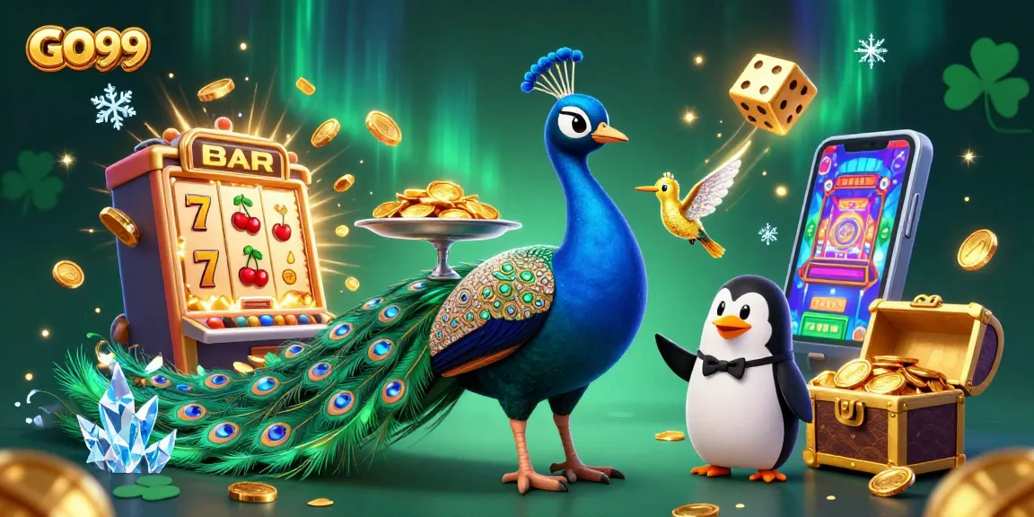 Engage with GO99's vibrant casino world featuring slot machines, golden chips, and playful characters.