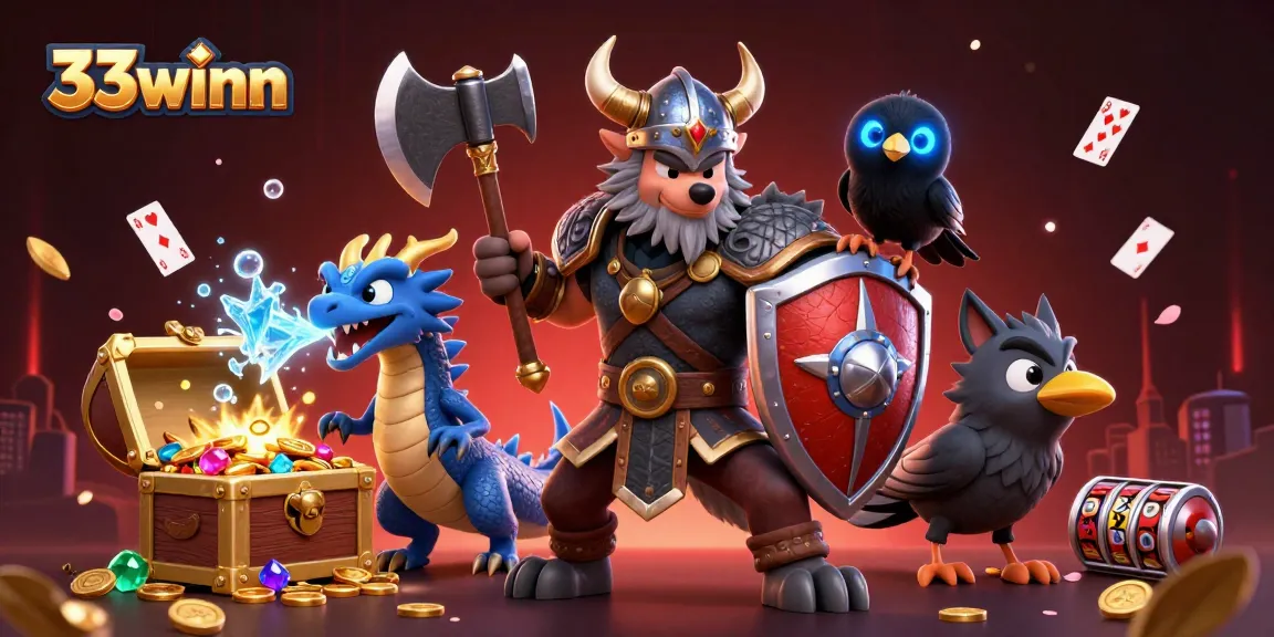 Engage in thrilling adventures with 33winn, featuring a Viking wolf warrior and treasure-filled scenes.