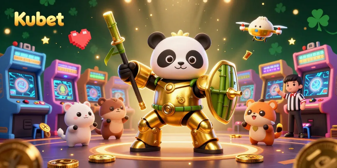 Kubet's vibrant 3D cartoon arena showcases a golden panda in a mech-suit, surrounded by arcade excitement.