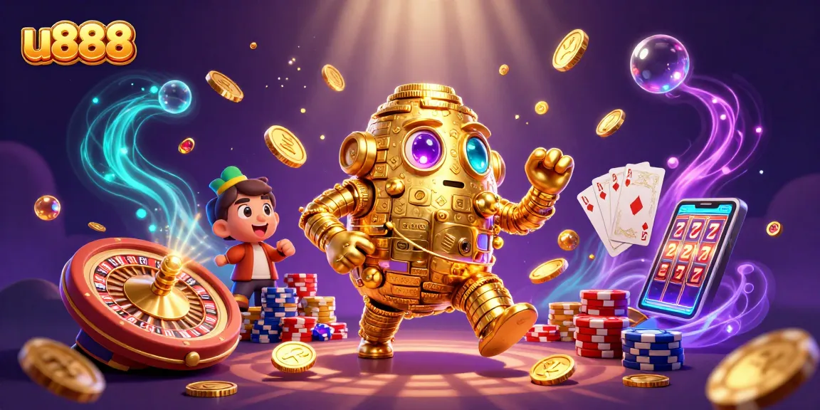 Spin to win with u888 at the vibrant golden golem casino illustration featuring dynamic game elements.